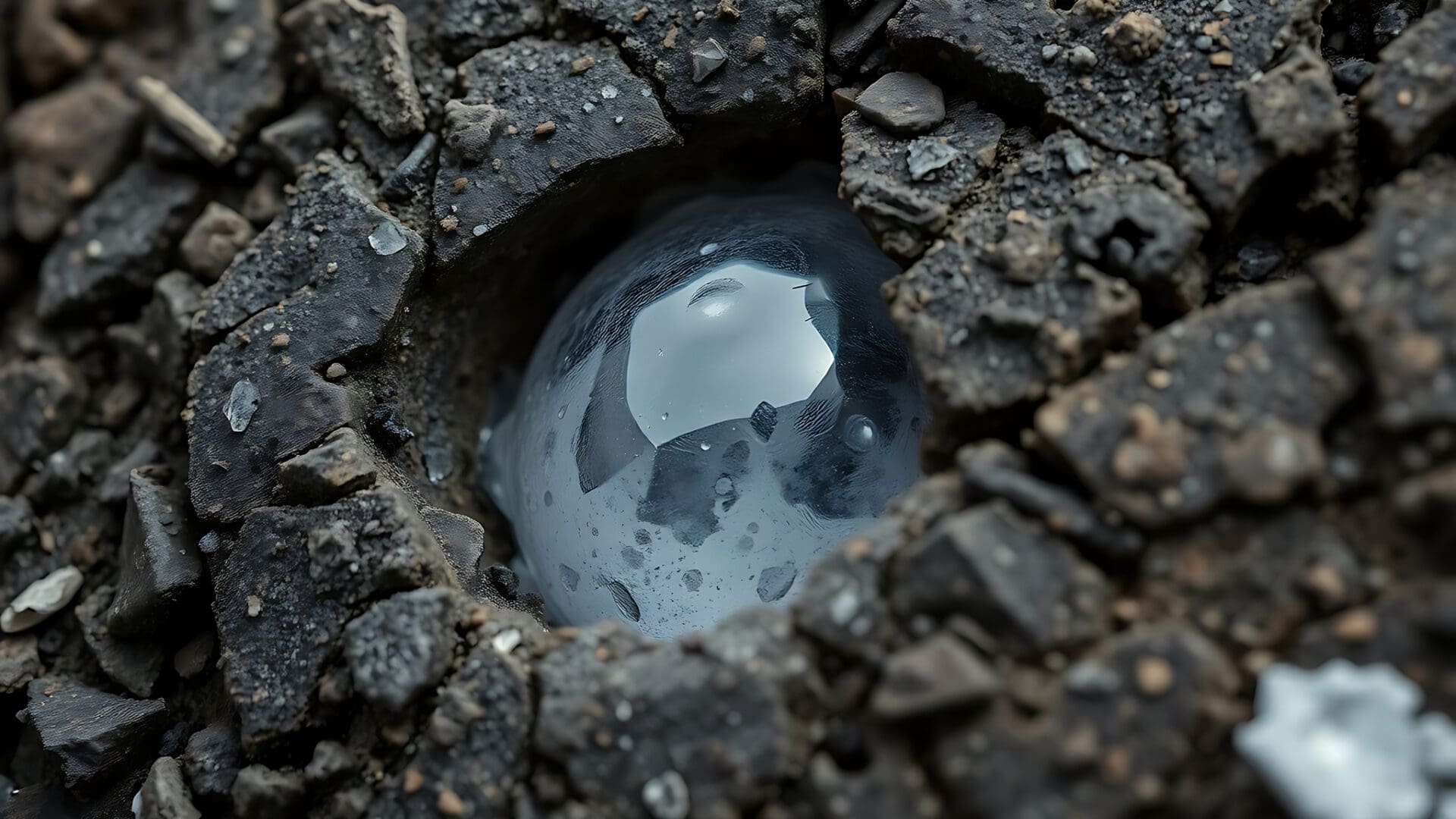 A hole in the ground with a ball inside of it.