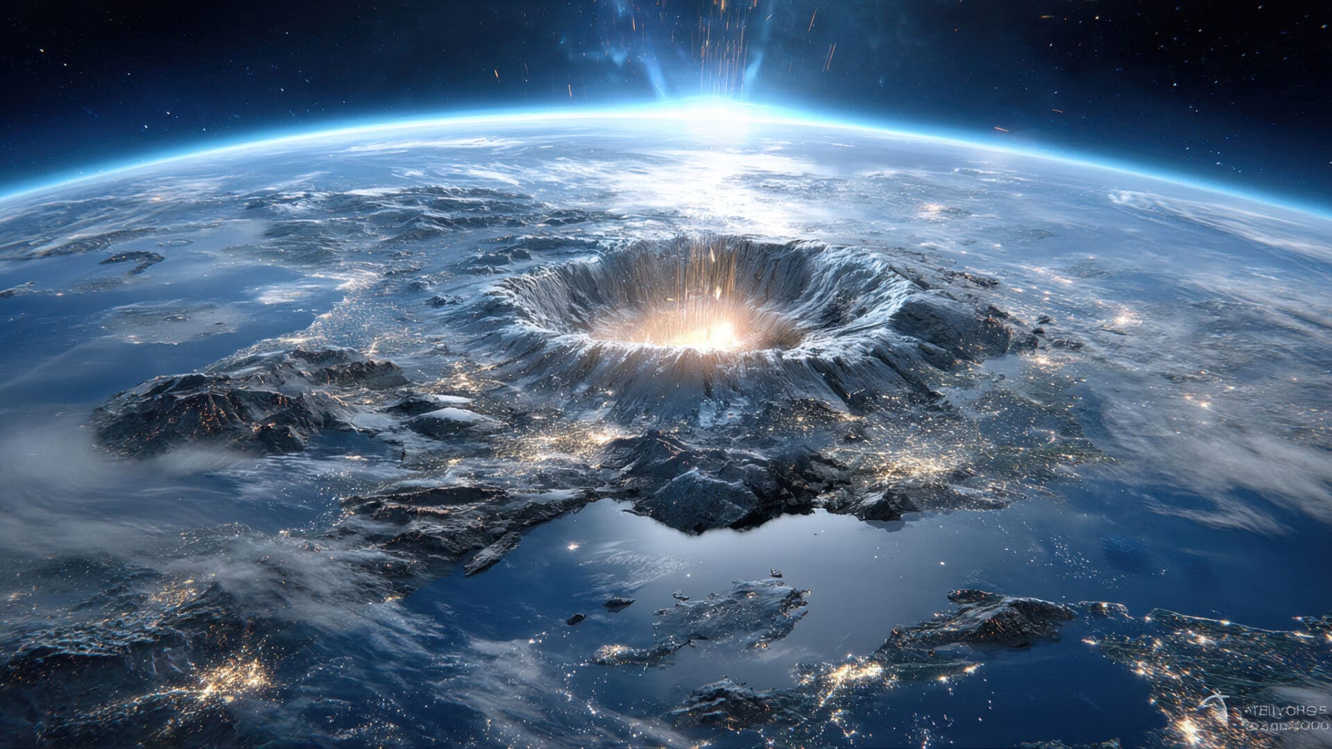A view of the earth from space with an asteroid in it.
