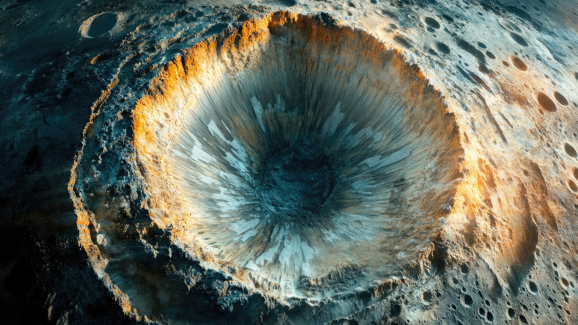 A crater on the surface of mars with a bright orange and blue color.